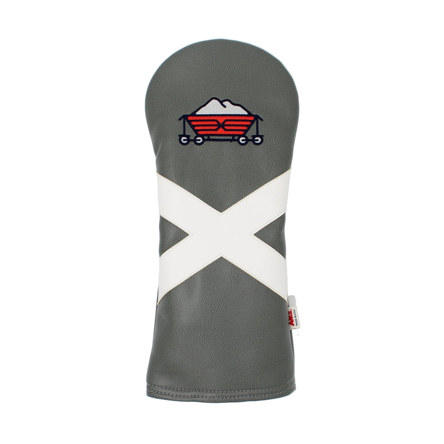 Pinehurst Sandmines golf club driver head cover with white cross design and red logo on a light gray background