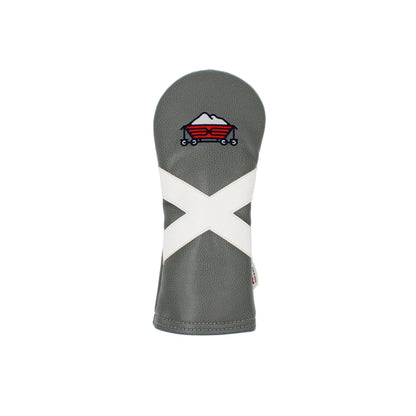 Pinehurst Sandmines golf club hybrid head cover with white cross design and red logo on a light gray background