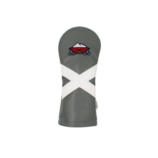 Pinehurst Sandmines golf club hybrid head cover with white cross design and red logo on a light gray background