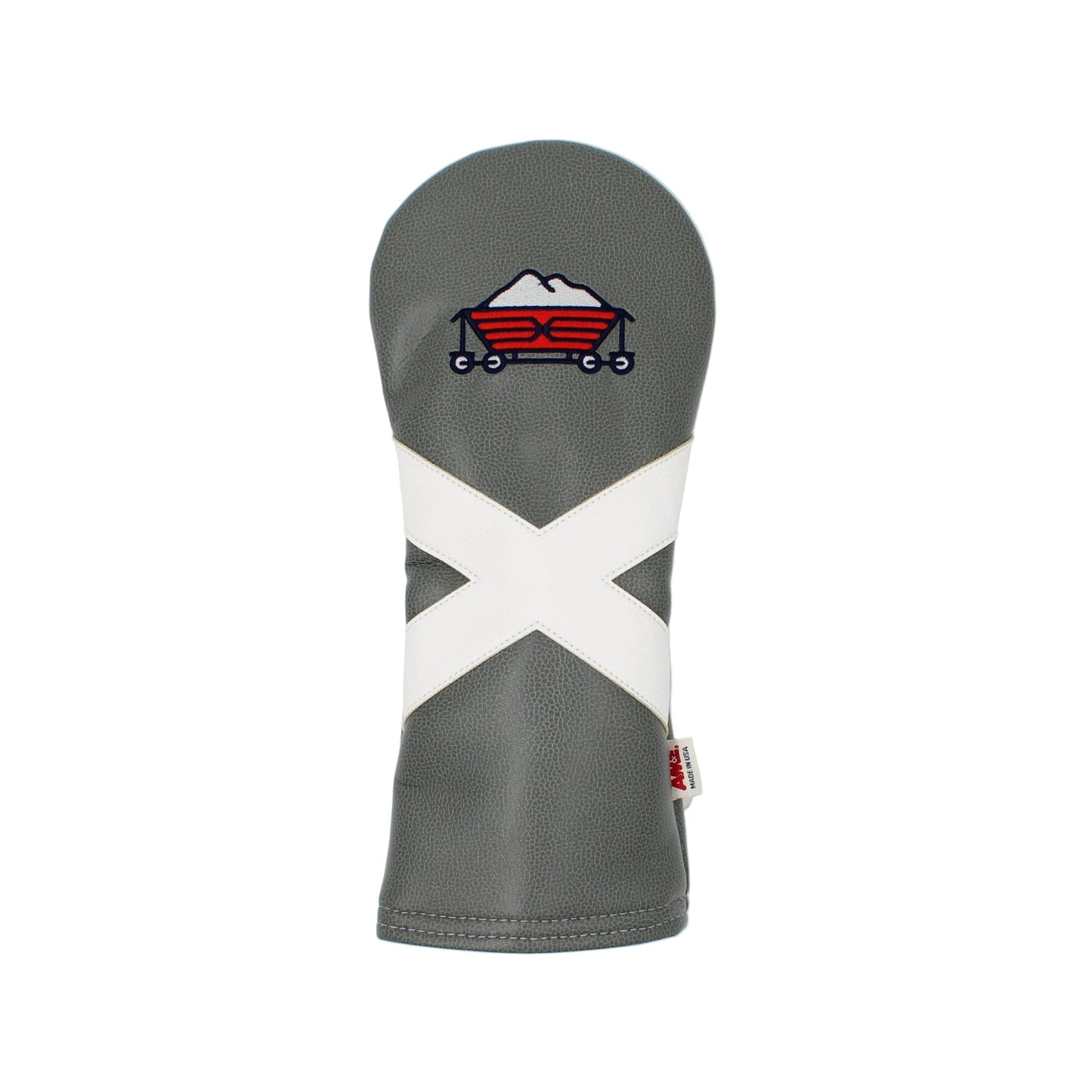 Pinehurst Sandmines golf club fairway head cover with white cross design and red logo on a light gray background