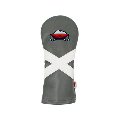 Pinehurst Sandmines golf club fairway head cover with white cross design and red logo on a light gray background